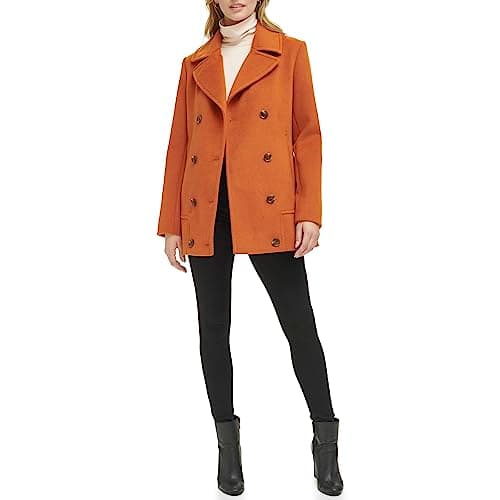 Kenneth Cole Women's Double Breast Wool Coat with Notch Collar Button Details — Button Orange