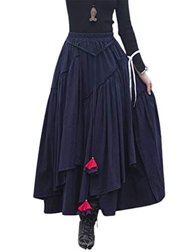 Womens Elastic Waist Retro Maxi Pleated Long Skirt — Navy