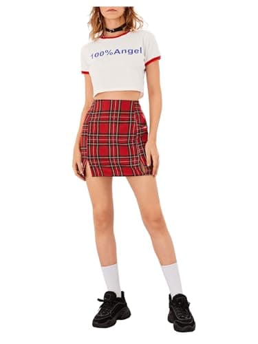 WDIRARA Women's High Waist Plaid Split Front Mini Bodycon Skirt