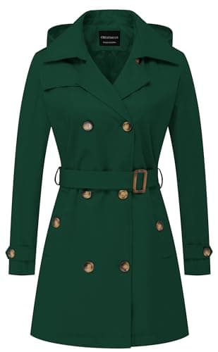 CREATMO Women's Classic Double-Breasted Trench Coat with Detachable Hood — Dark Green