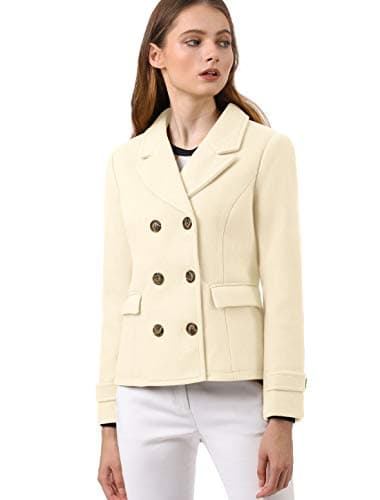 Allegra K Women's Notched Lapel Double Breasted Pea Coat — Beige