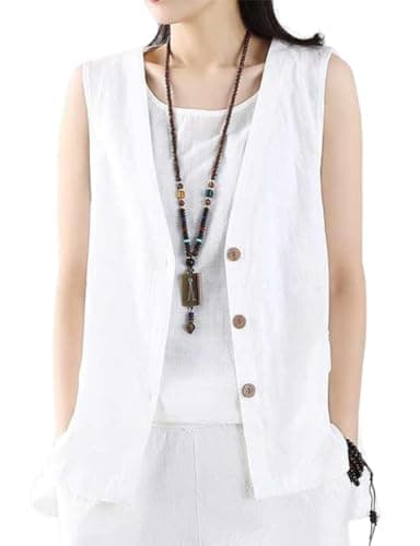Womens Linen Vest Casual Sleeveless Blazer Jacket
