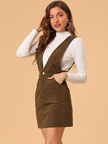 Allegra K Women's Corduroy V-Neck Mini Pinafore Dress