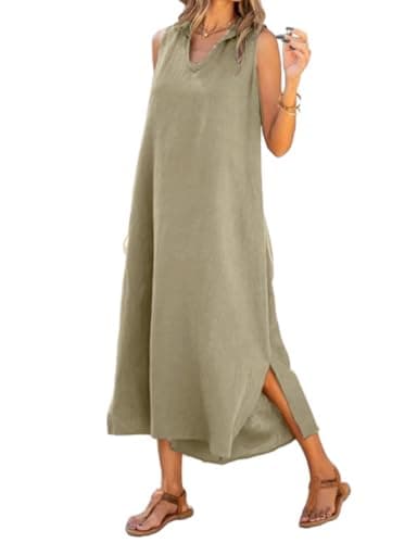 IDEAL SanXun V-Neck Sleeveless Sundresselong Shirt Dress — Camel