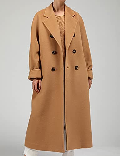 Himosyber Women's Wool Blend Camel Pea Coat with Notched Collar