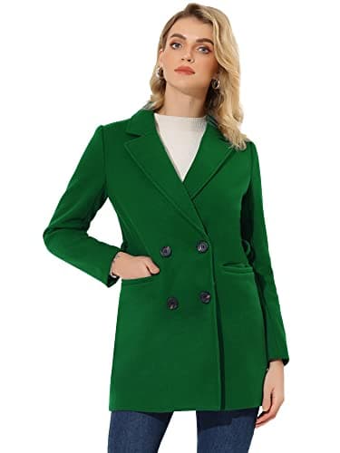 Allegra K Women's Belted Mid-Length Double Breasted Winter Coat — Dark Green