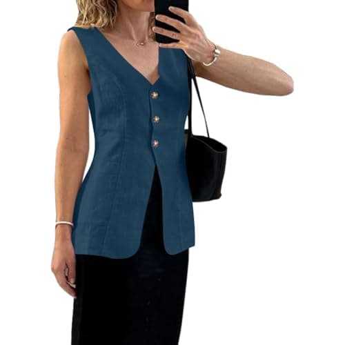 Melliflo Women's Summer Linen V-Neck Button Down Sleeveless Vest with Pocket — Navy Blue