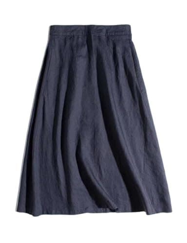 IDEALSANXUN High-Waisted Lightweight Linen Midi Skirt for Women with Pockets — Navy