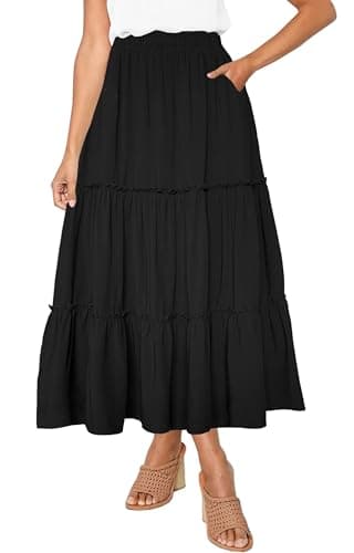 Afibi Women's High Waist A-Line Ruffle Swing Maxi Skirt with Pockets