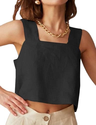 IDEALSANXUN Women's Summer Linen Square Neck Tank Top — Black