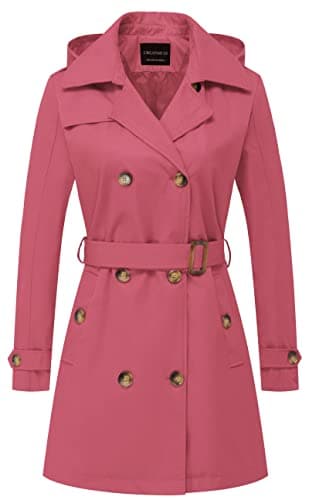 CREATMO Women's Classic Double-Breasted Trench Coat with Detachable Hood — Pink