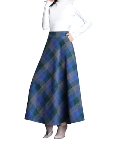 Vintage Wool Plaid Skirt for Women Fall Winter — Blue