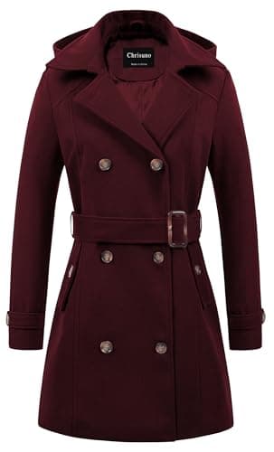 Chrisuno Women's Double Breasted Hooded Pea Coat — Wine Red