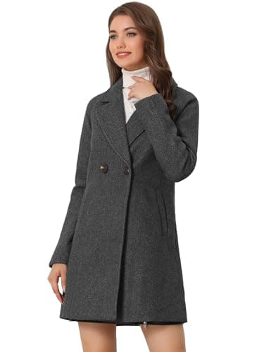 Allegra K Women's Notched Lapel Double Breasted Winter Coats — Dark Grey