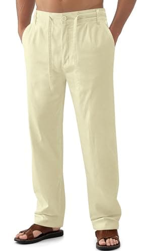 Janmid Men's Casual Linen Pants Elastic Waist Drawstring Yoga Beach trousers — Beige