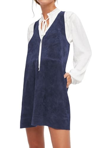 R.Vivimos Women's Fall Faux Suede V-Neck Overall Dress with Pockets — Navyblue