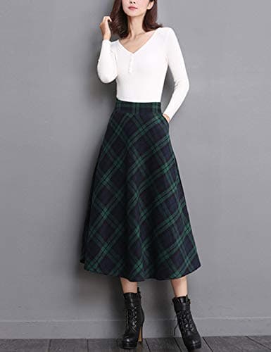 Women's Winter Wool Plaid A-Line Long Skirt