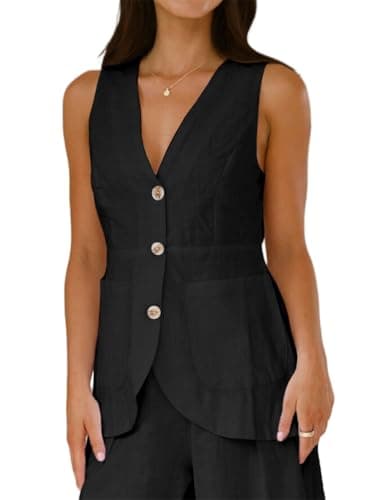 Lightweight Linen Vest for Women, Sleeveless Button Up Blazer — Black