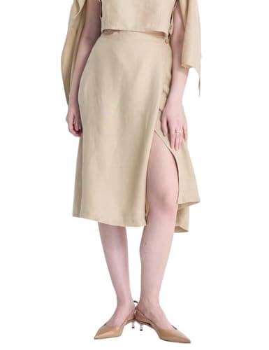 IDEALSANXUN Women's Linen High-Waisted A-Line Midi Skirt with Slit — Beige