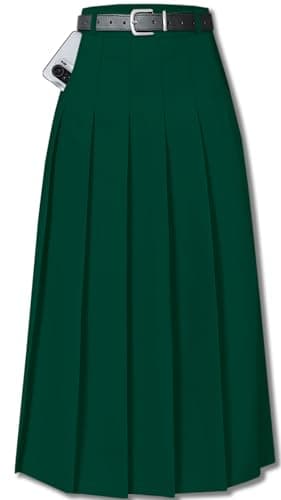 Cromoncent Womens High Waist Pleated Long Skirt with Pockets — Green