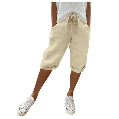 Cotton Linen Bermuda Shorts Elastic Waist Cargo Shorts — 010