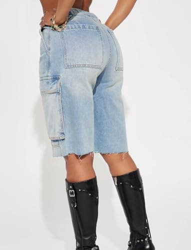 EZAPINE Women's High Waist Raw Hem Denim Shorts Summer Pockets