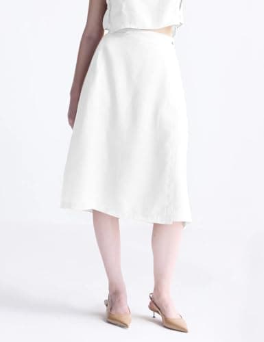 IDEALSANXUN Women's Linen High-Waisted A-Line Midi Skirt with Slit