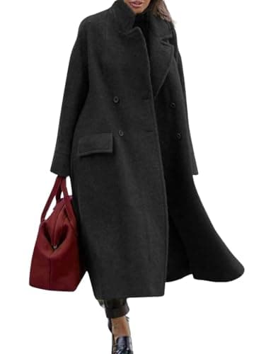 Women's Long Wool Double Breasted Pea Coat Notched Lapel — Black