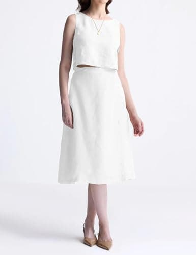 IDEALSANXUN Women's Linen High-Waisted A-Line Midi Skirt with Slit