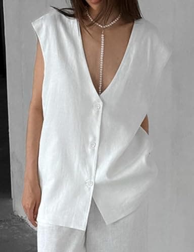 IDEALSANXUN Women's Linen V-Neck button-down Sleeveless Summer Top Vest