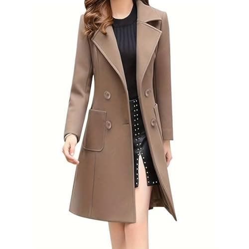 GVLDPOH Women's Mid-Length Wool Blend Double Breasted Overcoat — Camel