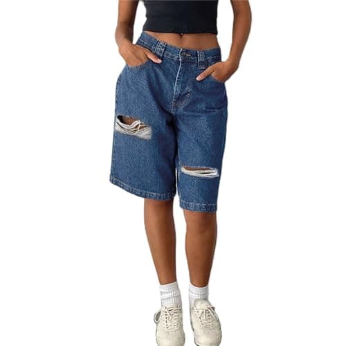 Raruxxin Women's Y2K Wide Leg Low Waist Cargo Jean Shorts with Pockets — C Navy Blue