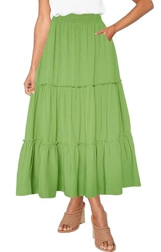 Afibi Women's High Waist A-Line Ruffle Swing Maxi Skirt with Pockets — Green