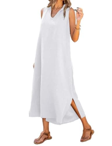 IDEAL SanXun V-Neck Sleeveless Sundresselong Shirt Dress — White