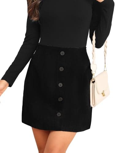CYCLAMEN Women's High Waisted Wool A Line Midi Plaid Skirt — Corduroy, Black
