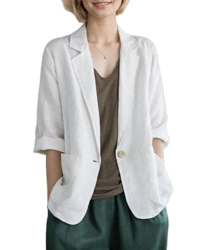 YOUNIFIZ Women's Linen 3/4 Sleeve Notch Lapel Summer Casual Blazer Jackets with Pockets — B_white