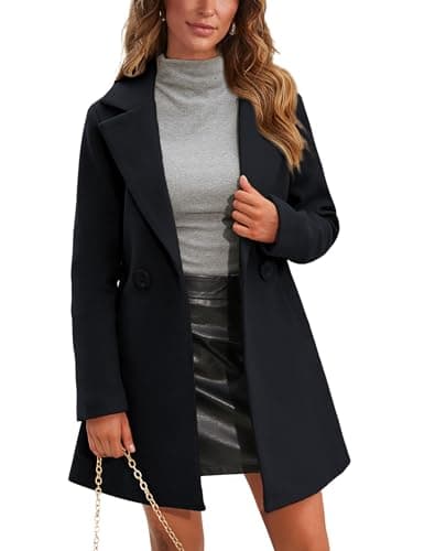 Springrain Women's Wool Pea Coat Notched Collar Midi Trench Coat