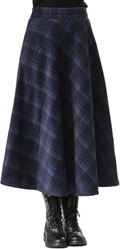 FX Women's Plaid Wool High Waist A-Line Maxi Skirt with Pockets — Blue