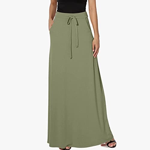 Womens High Elastic Maxi Drawstring Ankle Length Skirts Solid Pockets — Army Green