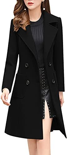 Chouyatou Women's Elegant Notched Collar Double Breasted Wool Blend Coat — Black