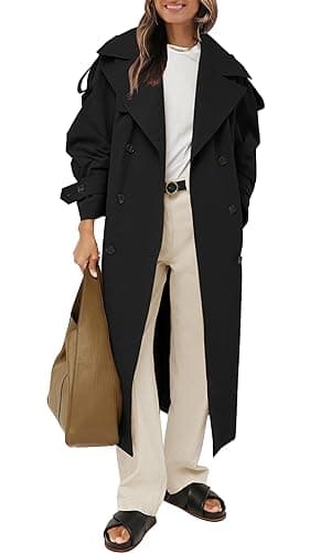 Womens Oversized Long Trench Coat Double Breasted Windproof Belted Overcoat — Black