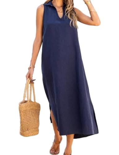IDEAL SanXun V-Neck Sleeveless Sundresselong Shirt Dress — Dark Blue