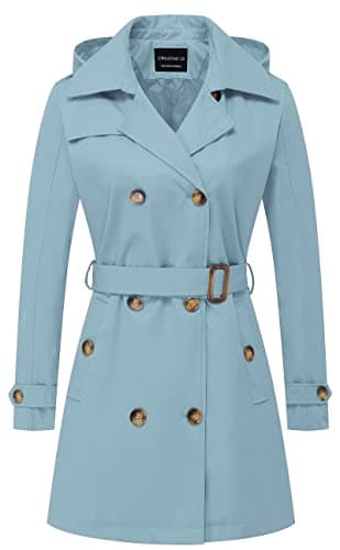 CREATMO Women's Classic Double-Breasted Trench Coat with Detachable Hood — Blue