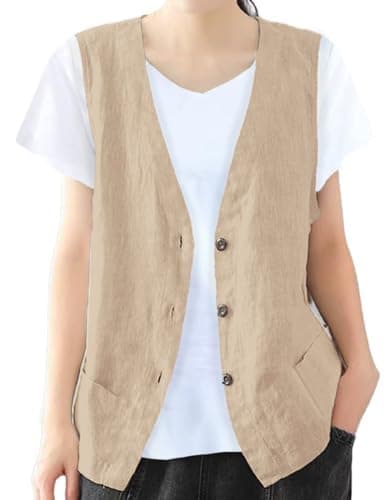 IDEALSANXUN Women's Cotton Linen Sleeveless Blazer Lightweight Vest Cardigan — Khaki