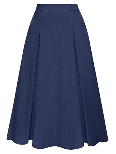 Vintage Corduroy A-line Midi Skirt for Women with Elastic Waist and Pockets — Navy Blue