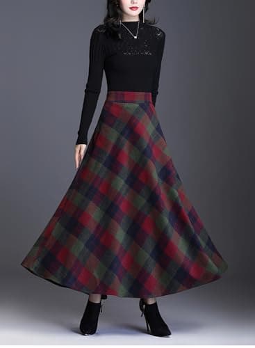 Leyoutx Women's Winter Warm Wool Plaid Maxi Skirts with Pockets