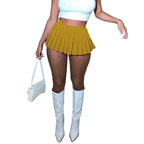 HAOYUAN Women's Mini Pleated Stretchy Skater Skirt — Yellow