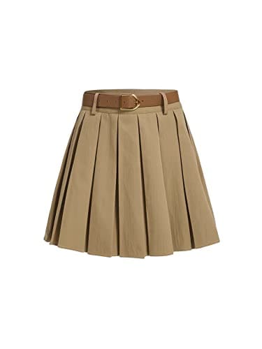 Y2K Plaid High-Waist A-Line Skirt for Women — Khaki Belted Flared