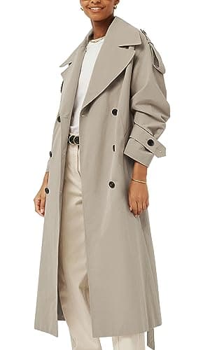 Womens Oversized Long Trench Coat Double Breasted Windproof Belted Overcoat