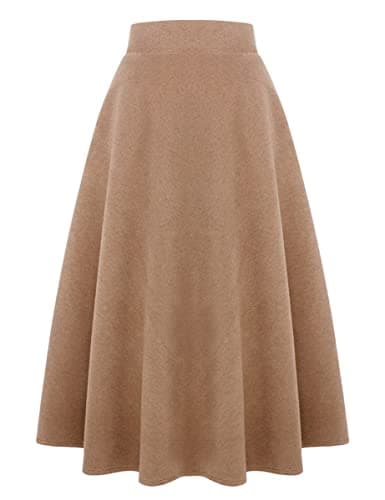 Mywinway Women's Warm Winter Aline High-Waisted Wool Plaid Skirts — Long Pure Camel
